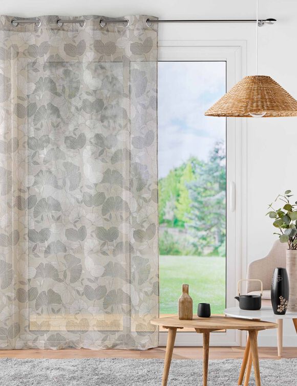 Voilage imprimé ginkgo -  finition oeillets (beige / gris) Voilage imprimé ginkgo -  finition oeillets (beige / gris)